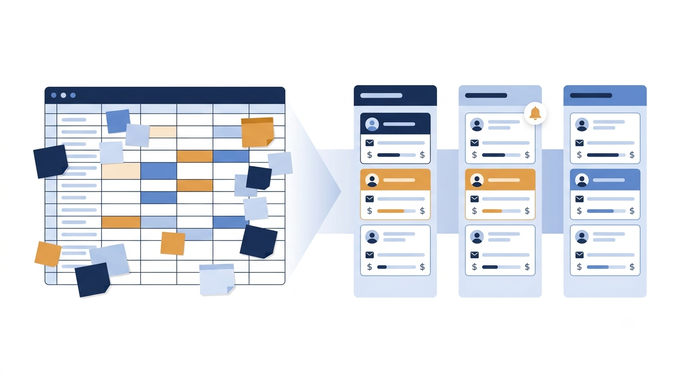 Illustration comparing a cluttered spreadsheet of leads with an organised CRM sales pipeline board
