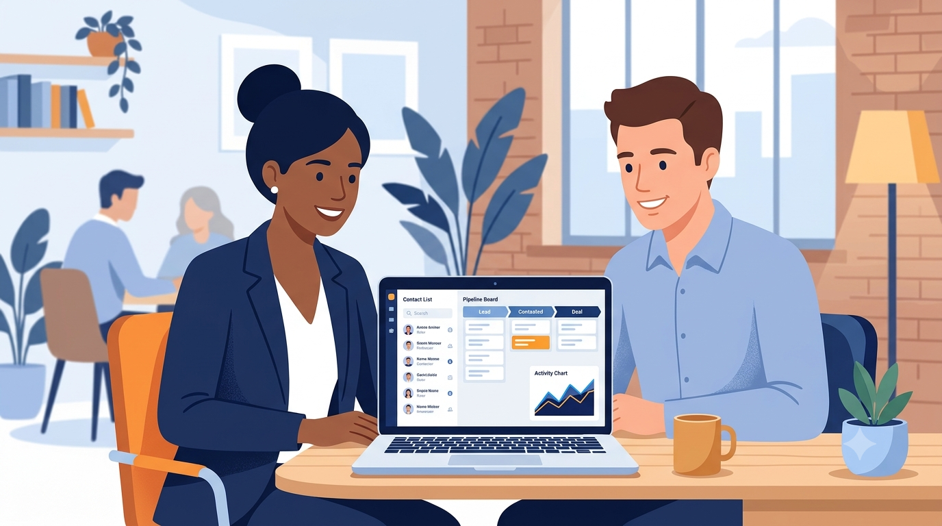 Small business team reviewing a CRM dashboard with a sales pipeline and lead list on a laptop screen