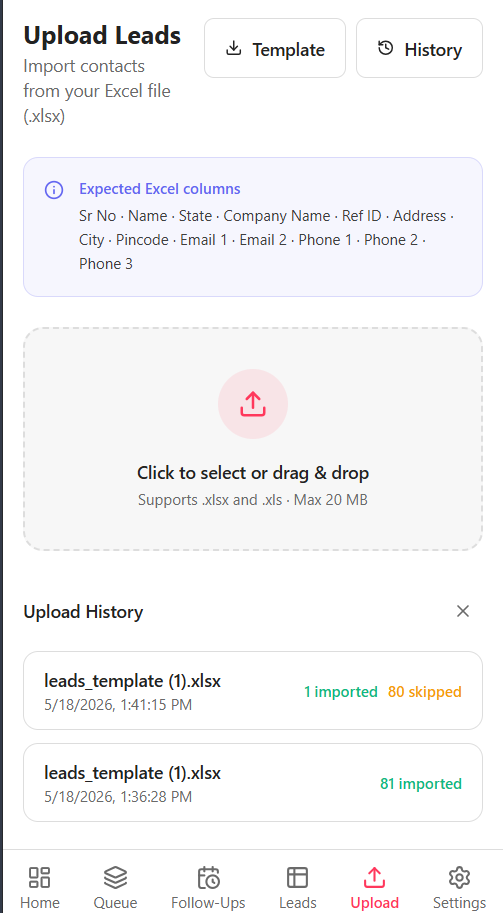 Upload Leads screen