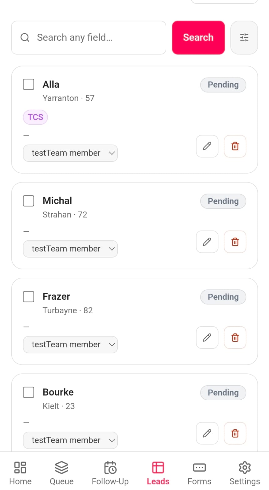 LeadGo All Leads — searchable list with status filters