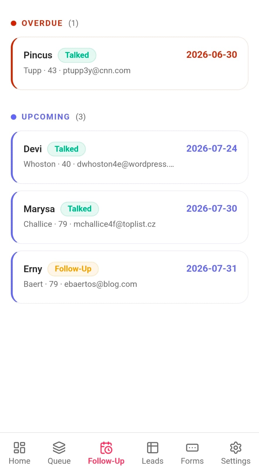 LeadGo Follow-Ups — Today, Overdue and Upcoming callbacks