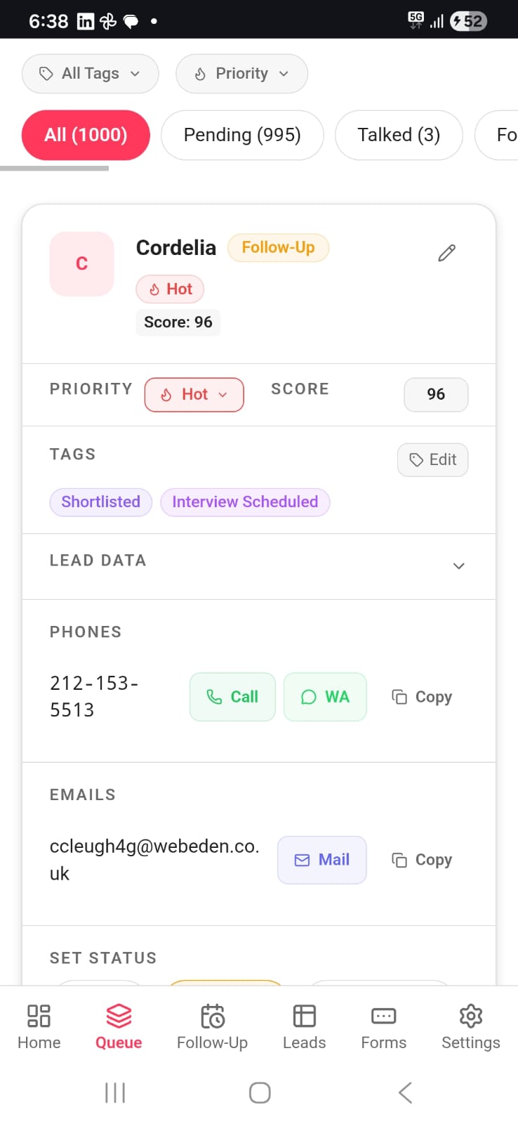 LeadGo Lead Queue — one-tap calling interface