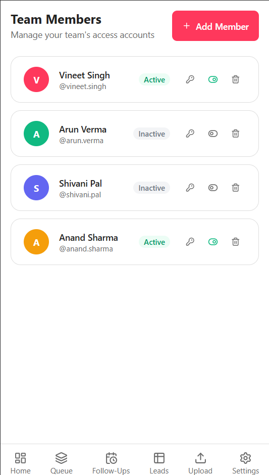 Team Members screen
