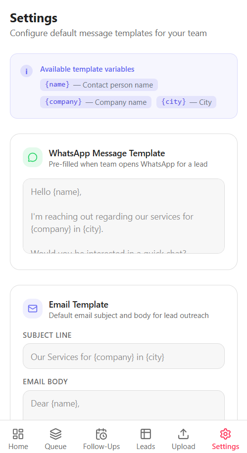 WhatsApp and Email templates settings